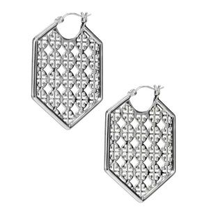Tory Burch Logo Silver Hexagon Hoop Earrings
